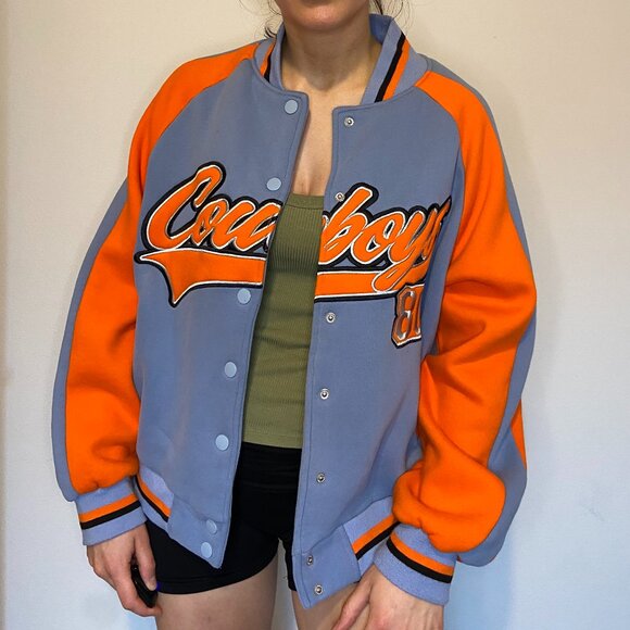 Edikted Cowboys Varsity Sweatshirt Jacket - Orange and Blue - Picture 1 of 8